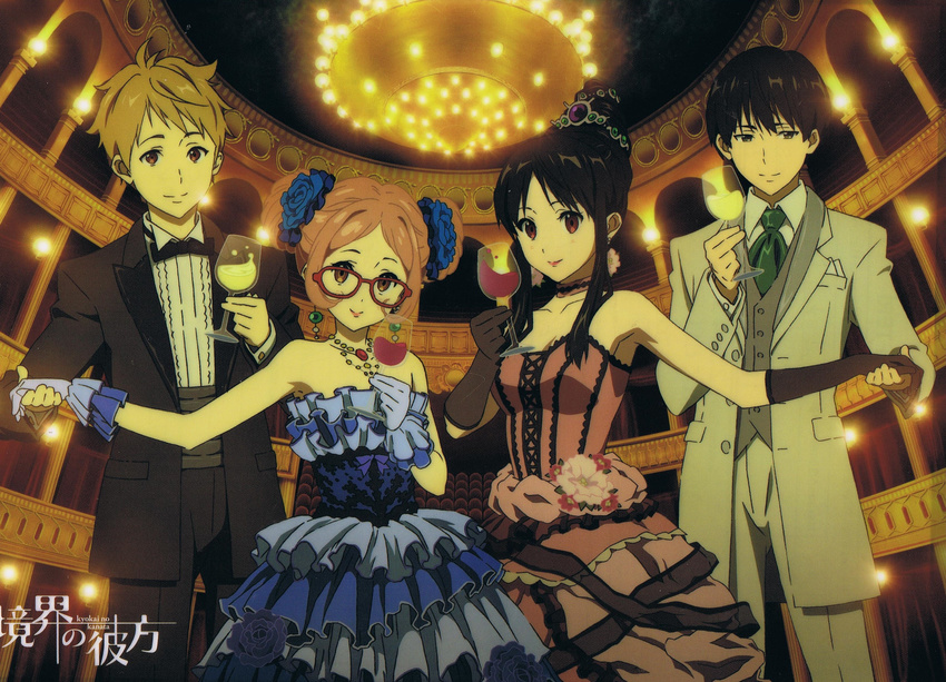 2girls absurdres bare_shoulders black_hair bow bowtie brother_and_sister brown_eyes chandelier cup dress drinking_glass earrings elbow_gloves formal frilled_dress frills glass glasses gloves hair_ornament hair_up highres holding_hands jewelry kanbara_akihito kuriyama_mirai kyoukai_no_kanata looking_at_viewer multiple_boys multiple_girls nase_hiroomi nase_mitsuki necklace official_art red-framed_eyewear short_hair siblings sidelocks smile suit takemoto_yasuhiro wine_glass