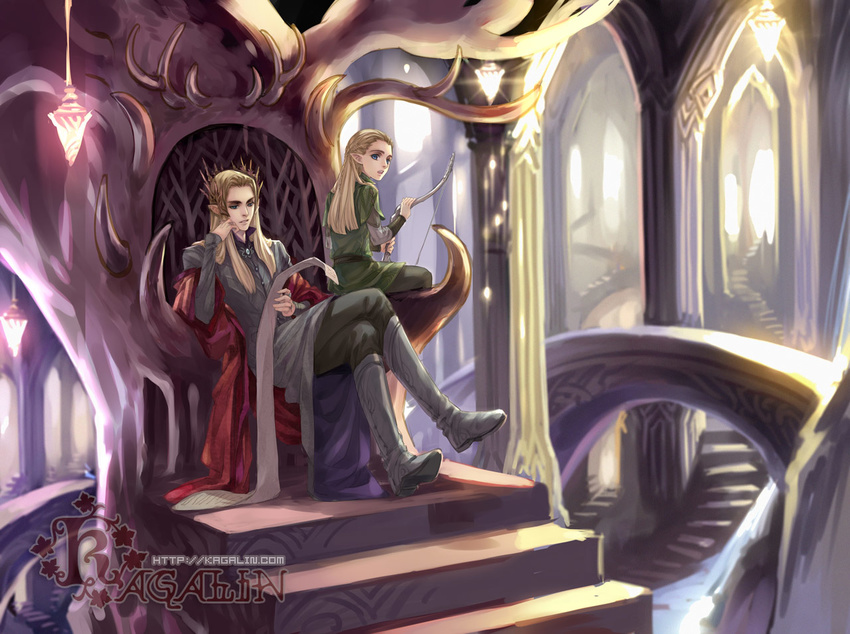 artist_name blonde_hair blue_eyes bow_(weapon) crown elf father_and_son kagalin legolas long_hair lord_of_the_rings multiple_boys pointy_ears the_hobbit thranduil throne watermark weapon web_address younger