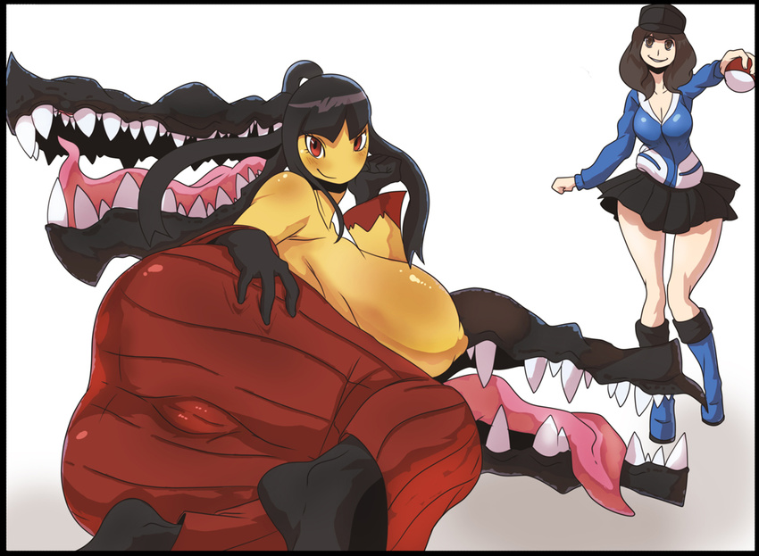 anthro big_breasts big_butt black_hair black_skin boots breasts butt camel_toe clothing fangs female hair hat huge_breasts human jacket liquidxlead looking_at_viewer lying mammal mawile mega_evolution mega_mawile nintendo nipples plain_background pok&#233;ball pok&#233;mon pok&#233;morph pok&eacute;ball pok&eacute;mon pok&eacute;morph red_eyes skirt smile standing teeth tongue tongue_out video_games white_background