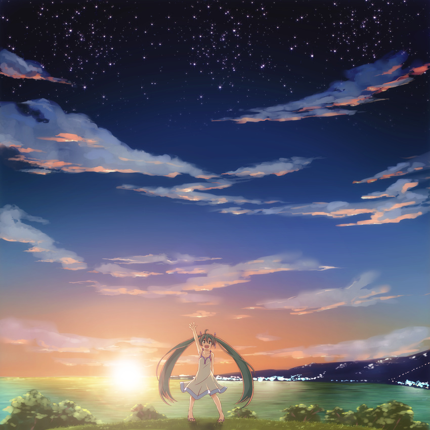 ahoge arm_up cloud dress green_hair hatsune_miku highres long_hair looking_at_viewer night night_sky ocean open_mouth outstretched_arm pigeon-toed revision sky smile solo star_(sky) starry_sky sunset tom_(drpow) twilight twintails very_long_hair vocaloid waving