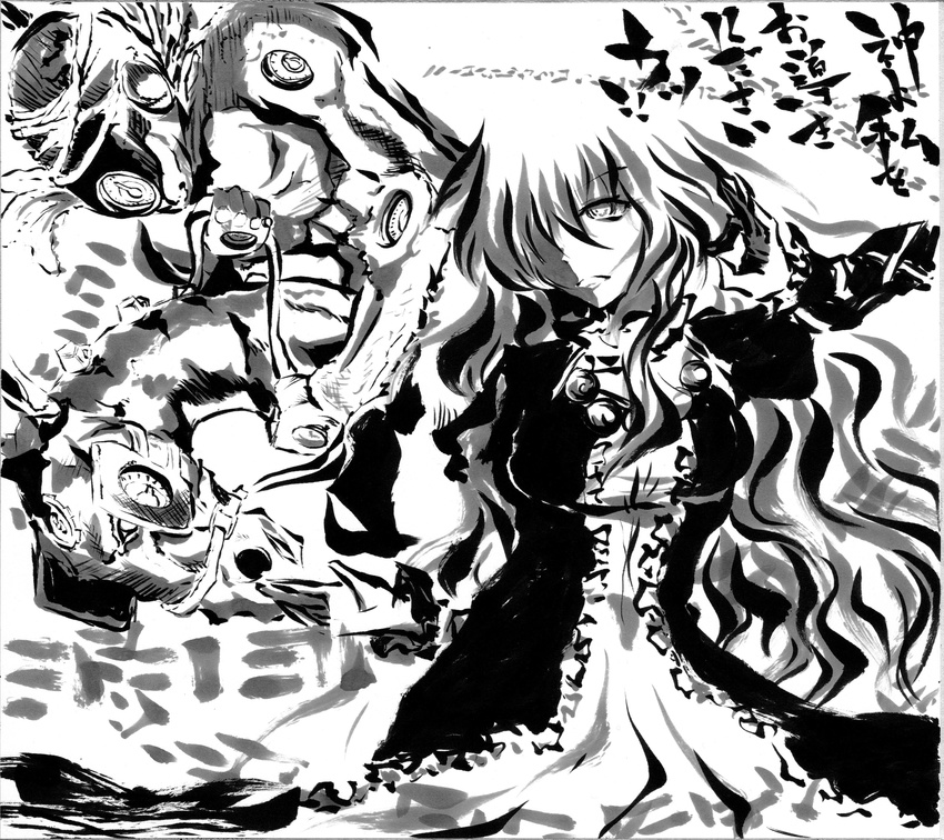absurdres beads cape contrapposto crossover cvs dress frilled_dress frills gradient_hair greyscale hair_over_one_eye highres hijiri_byakuren jojo_no_kimyou_na_bouken layered_dress long_hair looking_at_viewer made_in_heaven_(stand) monochrome multicolored_hair one_eye_covered prayer_beads simple_background standing stone_ocean touhou wavy_hair white_background