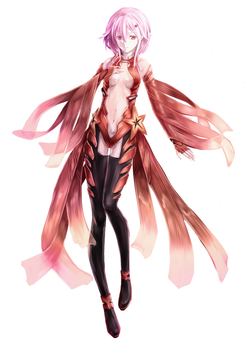 bad_id bad_pixiv_id breasts center_opening cleavage detached_sleeves fingerless_gloves gloves guilty_crown hand_on_own_chest highres hongchajun leotard medium_breasts navel pink_eyes pink_hair red_leotard short_hair simple_background smile solo thighhighs twintails white_background yuzuriha_inori