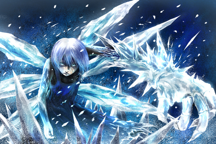 blue_eyes blue_hair chama_(painter) cirno ice ice_wings looking_at_viewer solo touhou wings