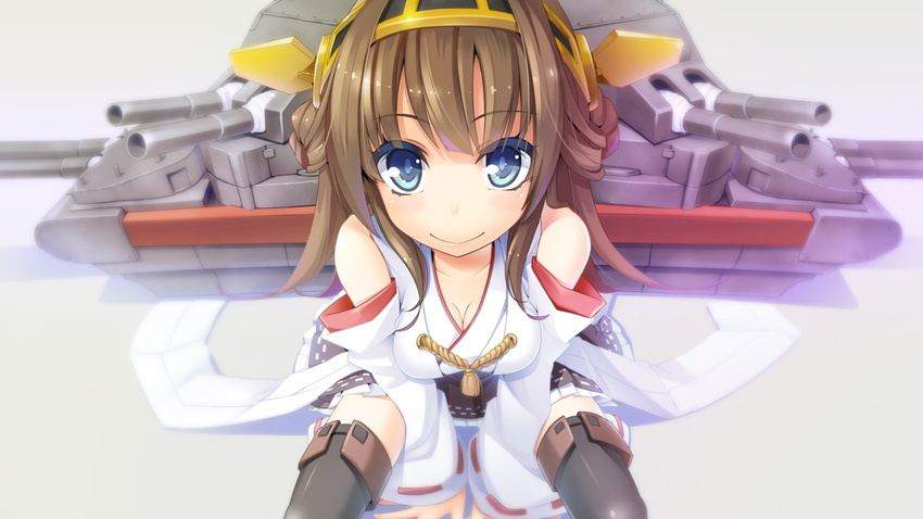 1girl bangs bare_shoulders blue_eyes breasts brown_hair detached_sleeves double_bun hair_bun headgear japanese_clothes kantai_collection kongou_(kancolle) kongou_(kantai_collection) long_hair looking_at_viewer miko nontraditional_miko personification sitting skirt smile solo spread_legs wapokichi