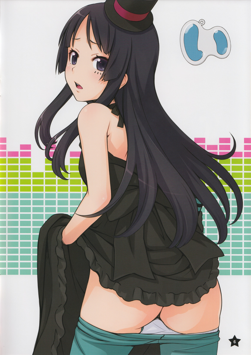1girl akiyama_mio ass black_hair don't_say_lazy don't_say_"lazy" don't_say_lazy dress female ha-ru hat highres k-on! long_hair looking_at_viewer looking_back open_mouth panties pants_down pantyhose pantyhose_pull purple_eyes skirt skirt_lift solo top_hat tophat underwear