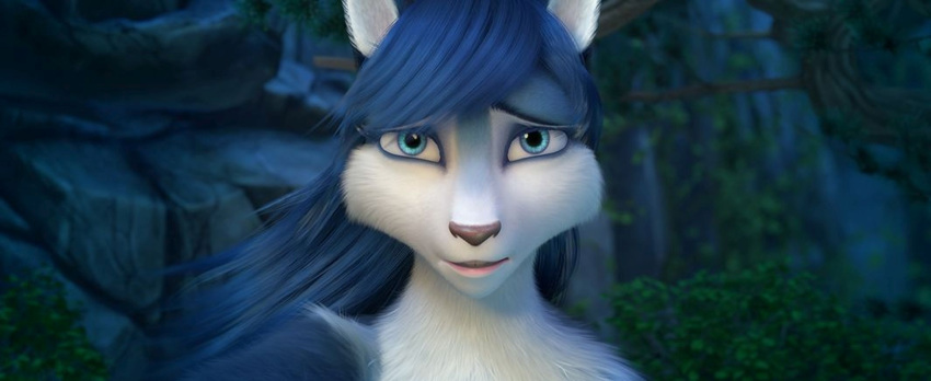 &lt;3 anthro bianca_(sheep_and_wolves) blue_eyes blue_fur blue_hair canid canine canis female fur hair headshot hi_res looking_at_viewer mammal outside russian sheep_and_wolves smile solo tree tuft wizart wizarts wolf