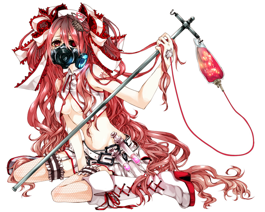 boots cleavage conomi-c5 karune_ca long_hair mask navel nurse open_shirt red_eyes red_hair ribbons stockings vocaloid