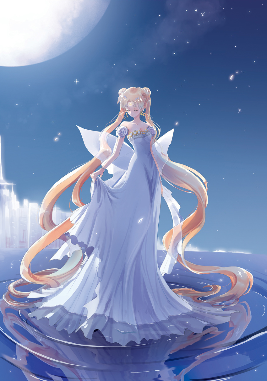 absurdly_long_hair ahma back_bow bishoujo_senshi_sailor_moon blonde_hair bow closed_eyes double_bun dress full_body highres huge_bow long_hair princess_serenity reflection smile solo strapless strapless_dress tsukino_usagi twintails very_long_hair water white_dress