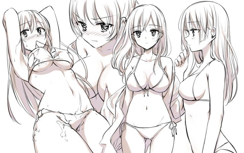 armpits arms_up bikini blush breasts character_sheet cleavage covering covering_breasts large_breasts long_hair looking_at_viewer medium_breasts monochrome mouth_hold multiple_views original profile side-tie_bikini simple_background swimsuit takeuchi_aya torn_bikini torn_clothes torn_swimsuit white_background