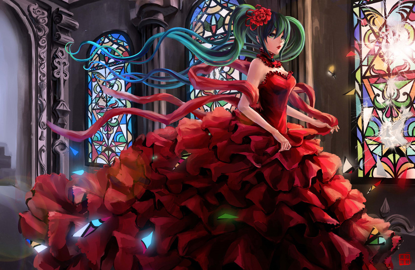 bad_id bad_pixiv_id dress floating_hair flower formal frills green_eyes green_hair hair_flower hair_ornament hatsune_miku highres lipstick long_hair luhan_wanyan_cat makeup solo stained_glass too_many too_many_frills twintails very_long_hair vocaloid