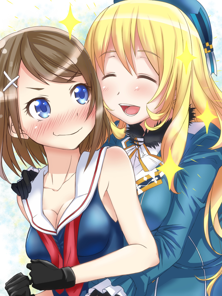 :d ^_^ atago_(kantai_collection) beret black_gloves blonde_hair blue_eyes blush breasts brown_hair closed_eyes gloves hair_ornament hand_on_another's_shoulder hat headgear highres hug hug_from_behind kantai_collection long_hair ma2da maya_(kantai_collection) medium_breasts military military_uniform multiple_girls open_mouth short_hair sleeveless smile uniform x_hair_ornament
