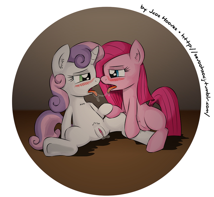 blue_eyes blush colored cub duo equine female feral friendship_is_magic fur green_eyes hair half-closed_eyes horn horse jcoshooves lesbian mammal my_little_pony open_mouth pink_fur pink_hair pinkamena_(mlp) pinkie_pie_(mlp) pony pussy pussy_juice saliva sitting spread_legs spreading sweetie_belle_(mlp) tongue unicorn white_fur young