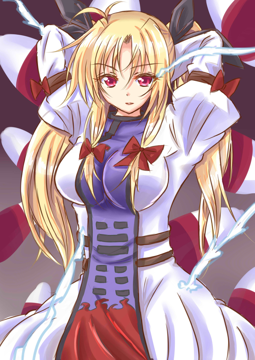 absurdres arms_behind_head arms_up blonde_hair breasts chan_(akuty_ikkot) cosplay dress fate_testarossa gap hair_ribbon highres juliet_sleeves large_breasts long_hair long_sleeves lyrical_nanoha pink_eyes puffy_sleeves ribbon solo tabard touhou tress_ribbon twintails very_long_hair white_dress yakumo_yukari yakumo_yukari_(cosplay)