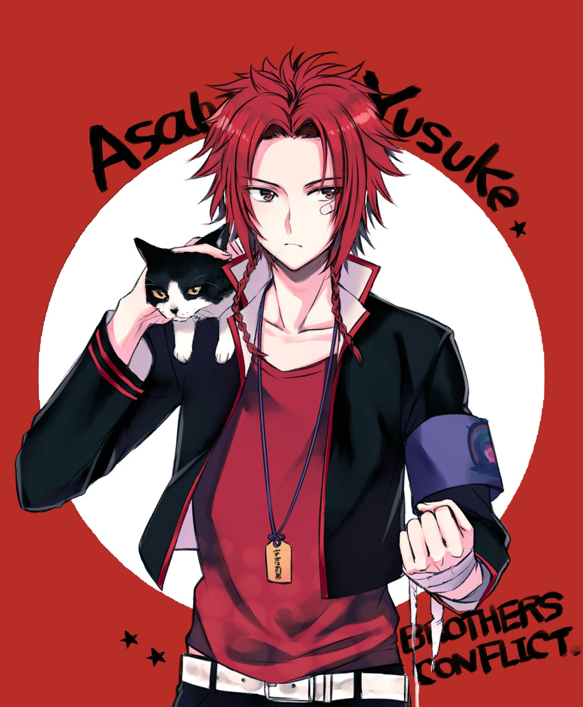 animal animal_on_shoulder armband asahina_yuusuke braid brothers_conflict cat cat_on_shoulder character_name clenched_hand copyright_name highres male_focus red_eyes red_hair simple_background solo star takeuchi_aya twin_braids