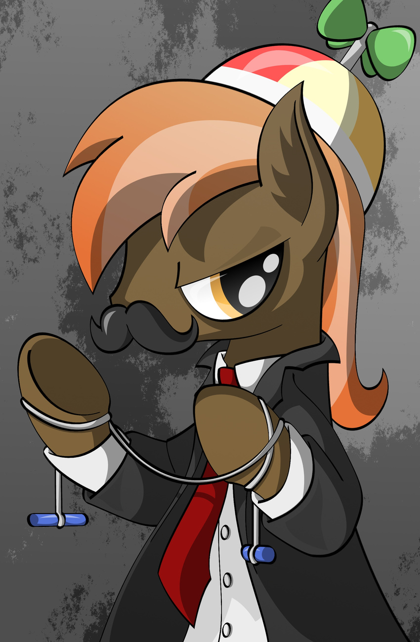 brown_fur brown_hair button_mash_(mlp) coat crossover cub equine facial_hair feral friendship_is_magic friendshipismetal777 fur hair hat hitman horse male mammal mustache my_little_pony necktie pony propeller_hat solo suit wire young