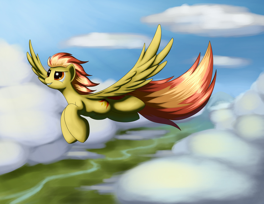 cloud clouds cutie_mark equine female feral flying friendship_is_magic fur grennadder hair hi_res horse mammal my_little_pony orange_hair pegasus pony river sky smile solo spitfire_(mlp) wings wonderbolts_(mlp) yellow_fur