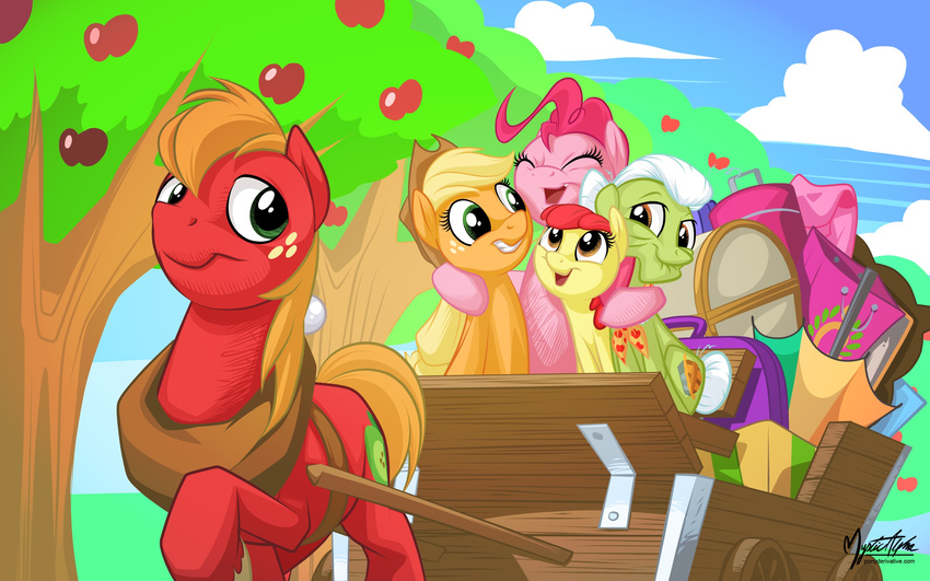 amber_eyes apple apple_bloom_(mlp) applejack_(mlp) big_macintosh_(mlp) blonde_hair blue_eyes carriage cloud clouds cub cutie_mark embrace equine eyes_closed female feral freckles friendship_is_magic fruit fur granny_smith_(mlp) green_eyes green_fur group hair hi_res horse hug luggage male mammal my_little_pony mysticalpha open_mouth orange_fur orange_hair outside pink_fur pink_hair pinkie_pie_(mlp) pony red_fur red_hair signature sky smile tree white_hair yellow_fur young