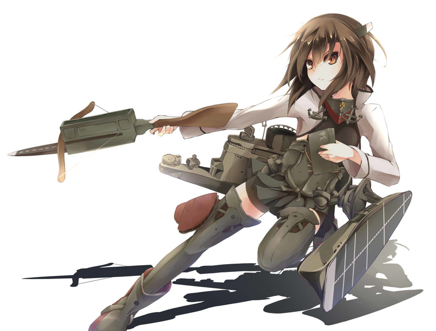 bike_shorts bow_(weapon) brown_eyes brown_hair crossbow headband headgear kantai_collection natsuki_teru pleated_skirt short_hair skirt solo taihou_(kantai_collection) thighhighs weapon white_background