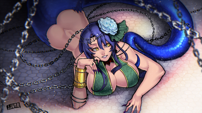 ass bad_id bad_pixiv_id bangle blue_hair bottomless bracelet breast_press breasts chain cleavage fingernails flower hair_flower hair_ornament huge_breasts jewelry jjune lamia lying monster_girl nail_polish on_stomach original purple_nails ring scales sharp_fingernails short_hair slit_pupils solo yellow_eyes