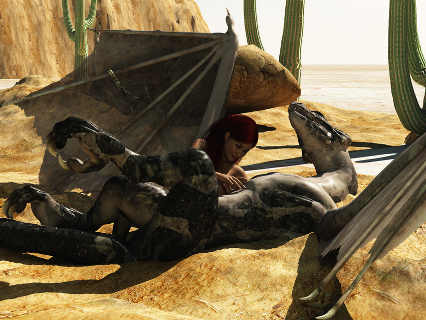 cactus cgi claws desert duo female feral hair human male mammal open_mouth outside red_hair sand scalie sky wings wyvern