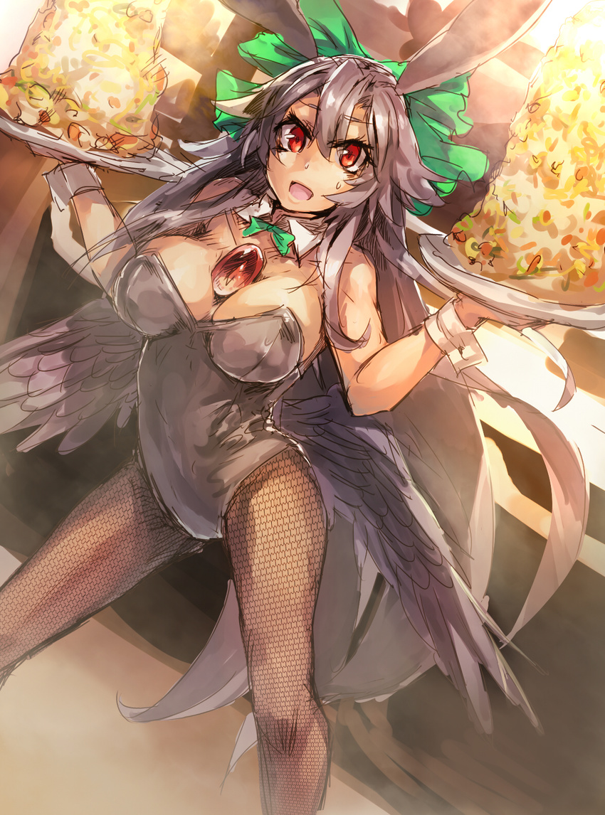 animal_ears black_hair black_wings bow bowtie breasts bunny_ears bunny_girl bunnysuit cleavage commentary_request detached_collar fake_animal_ears fishnet_pantyhose fishnets food hair_bow highres large_breasts leotard long_hair melon22 open_mouth pantyhose red_eyes reiuji_utsuho solo third_eye touhou tray wings wrist_cuffs