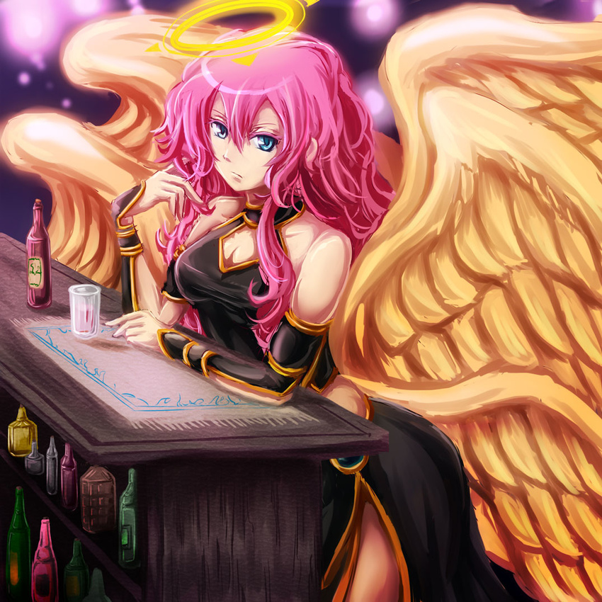 alcohol angel angel_wings archangel_metatron_(p&amp;d) blue_eyes cleavage_cutout dashinoya halo long_hair pink_hair puzzle_&amp;_dragons solo wings