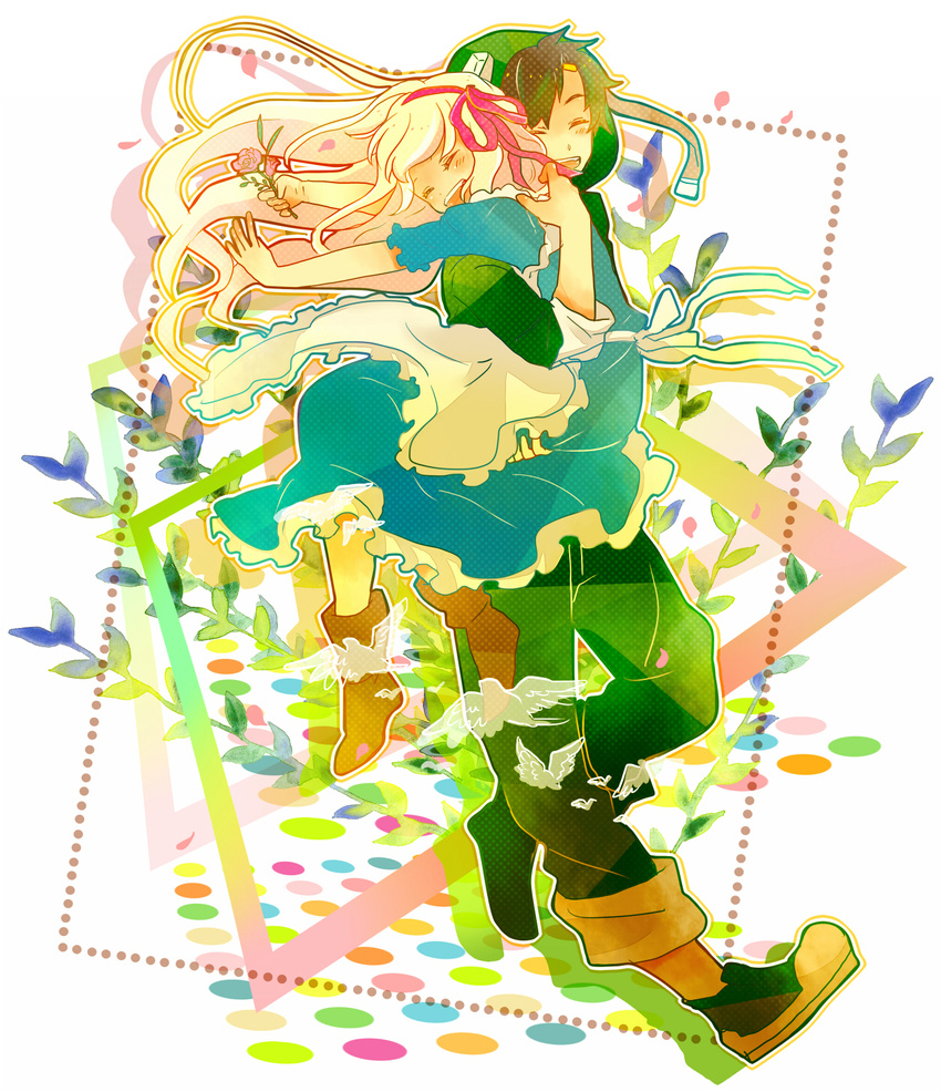 1girl 7:24 bird blonde_hair brown_hair carrying closed_eyes couple dress flower happy hetero highres hood hoodie hug kagerou_project kozakura_marry leaf long_hair seto_kousuke short_hair smile