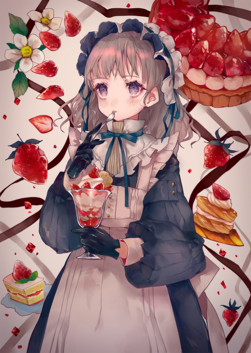 1girl apron black_gloves blue_dress brown_eyes brown_hair cake cha_goma commentary_request cup dress flower food fruit gloves highres holding holding_cup holding_spoon long_hair long_sleeves maid original parfait puffy_long_sleeves puffy_sleeves slice_of_cake solo spoon strawberry strawberry_blossoms tongue tongue_out white_apron white_flower