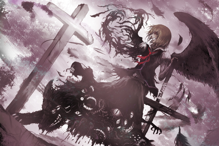 ascot blonde_hair chama_(painter) cross eldritch_abomination ex-rumia extra_eyes extra_mouth feathers red_eyes rumia sharp_teeth smirk solo teeth touhou wings