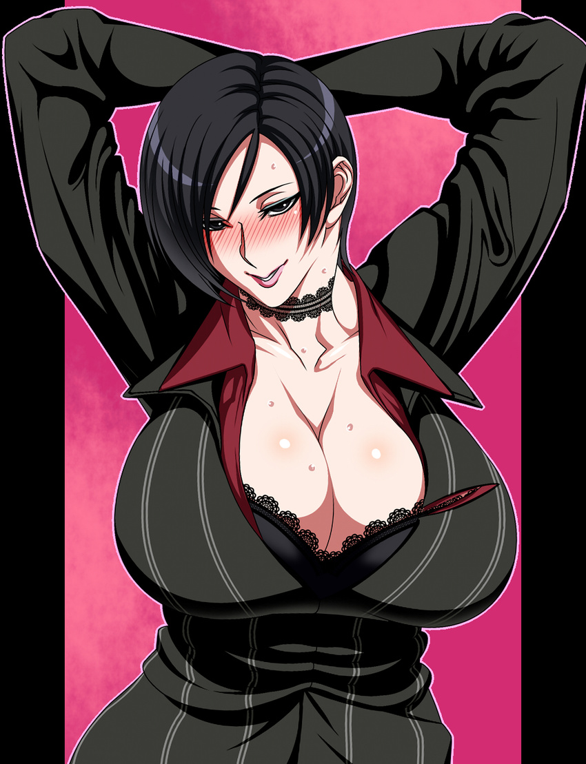 1girl ada_wong arm_up black_hair blush bra breasts capcom cleavage ginnyo highres huge_breasts office_lady resident_evil resident_evil_damnation short_hair smile underwear