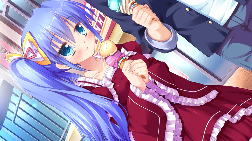 blue_eyes blue_hair dress game_cg hhg_megami_no_shuuen ice_cream miyasu_risa nishikujou_ayahime ponytail windmill_(company)