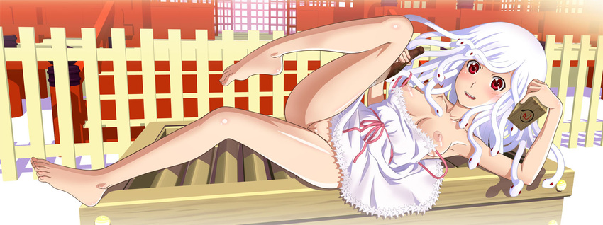 barefoot blush bottle box breasts donation_box dress drooling feet highres koimonogatari long_hair long_legs lying masu medium_breasts monogatari_(series) nipples no_panties pussy red_eyes sake_bottle sengoku_nadeko shrine smile snake_hair solo strap_slip toes tooo white_hair