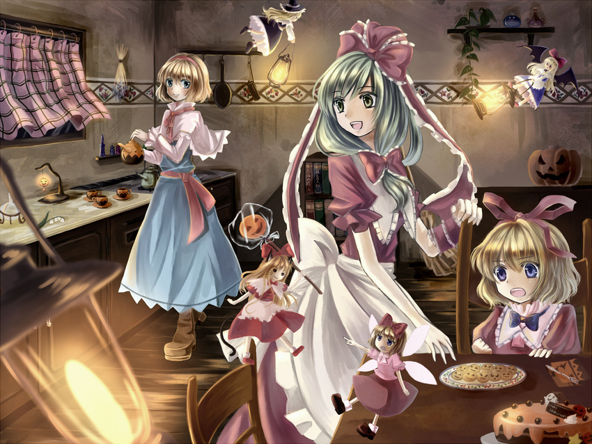 alice_margatroid animal_ears apron bat_wings blonde_hair blue_dress blue_eyes bow cake capelet cat_ears cat_tail chair character_doll cookie cup dress flying food frills front_ponytail green_eyes green_hair hair_bow hair_ribbon halloween hat highres hourai_doll kagiyama_hina kemonomimi_mode kirisame_marisa kitchen medicine_melancholy miyakure multiple_girls open_mouth plate pointing pumpkin revision ribbon sash shanghai_doll shirt skirt smile solid_circle_eyes su-san table tail teacup teapot touhou whiskers window wings witch_hat