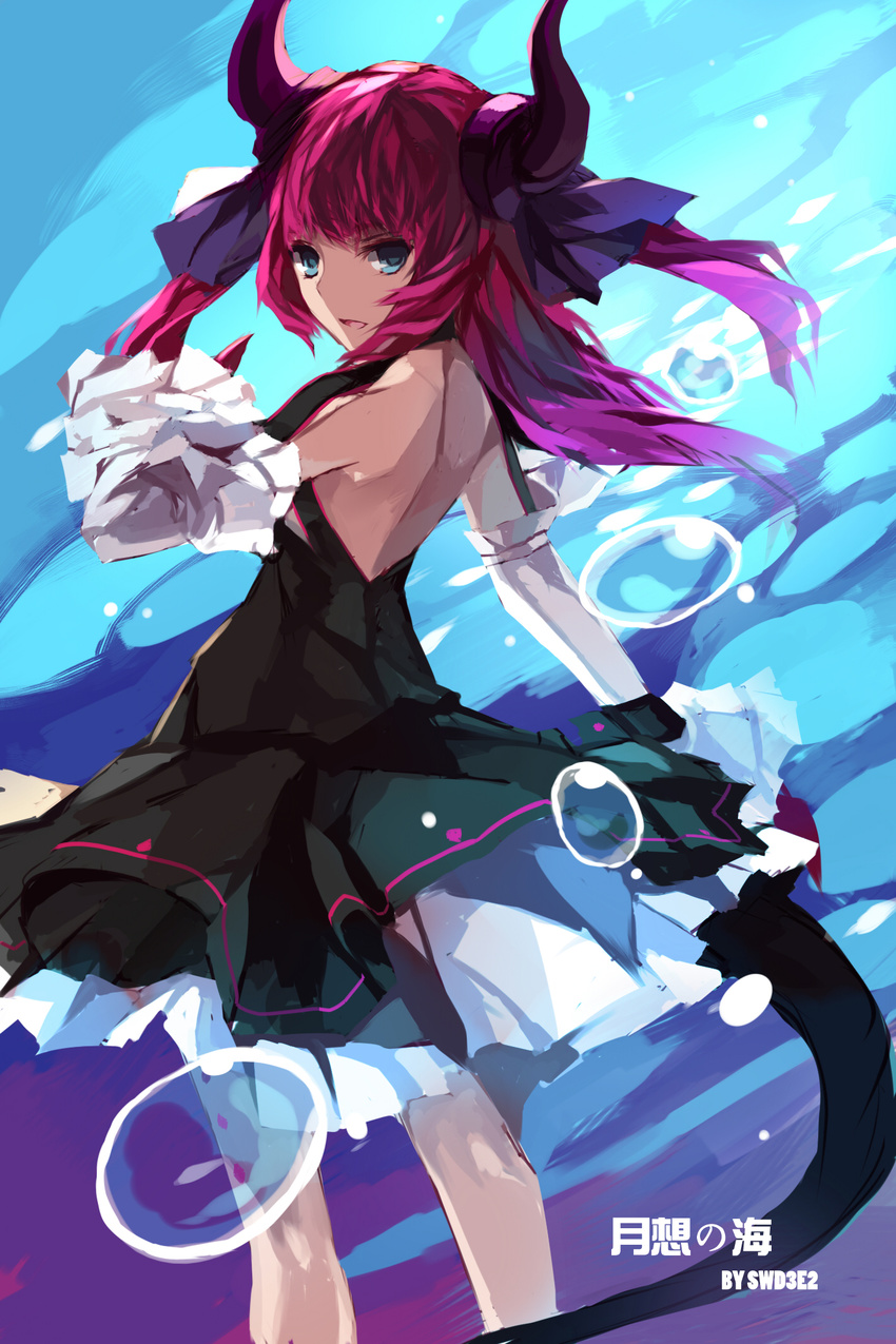 bad_id bad_pixiv_id blue_eyes bubble detached_sleeves dress elizabeth_bathory_(fate) elizabeth_bathory_(fate)_(all) fate/extra fate/extra_ccc fate_(series) highres horns long_hair pink_hair pointy_ears solo swd3e2 tail two_side_up
