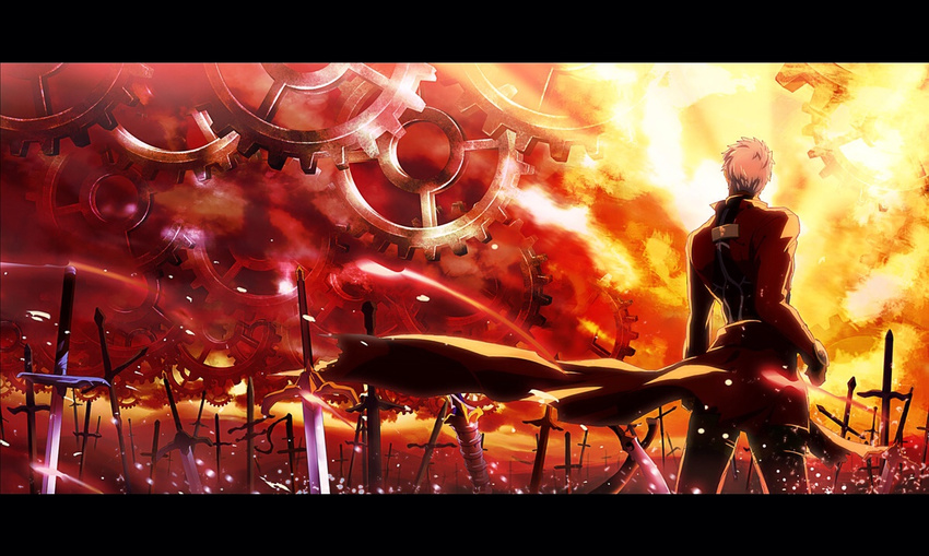 archer awa_suna caladbolg fate/stay_night fate_(series) field_of_blades gears kanshou_&amp;_bakuya letterboxed male_focus planted_sword planted_weapon solo sword unlimited_blade_works weapon white_hair