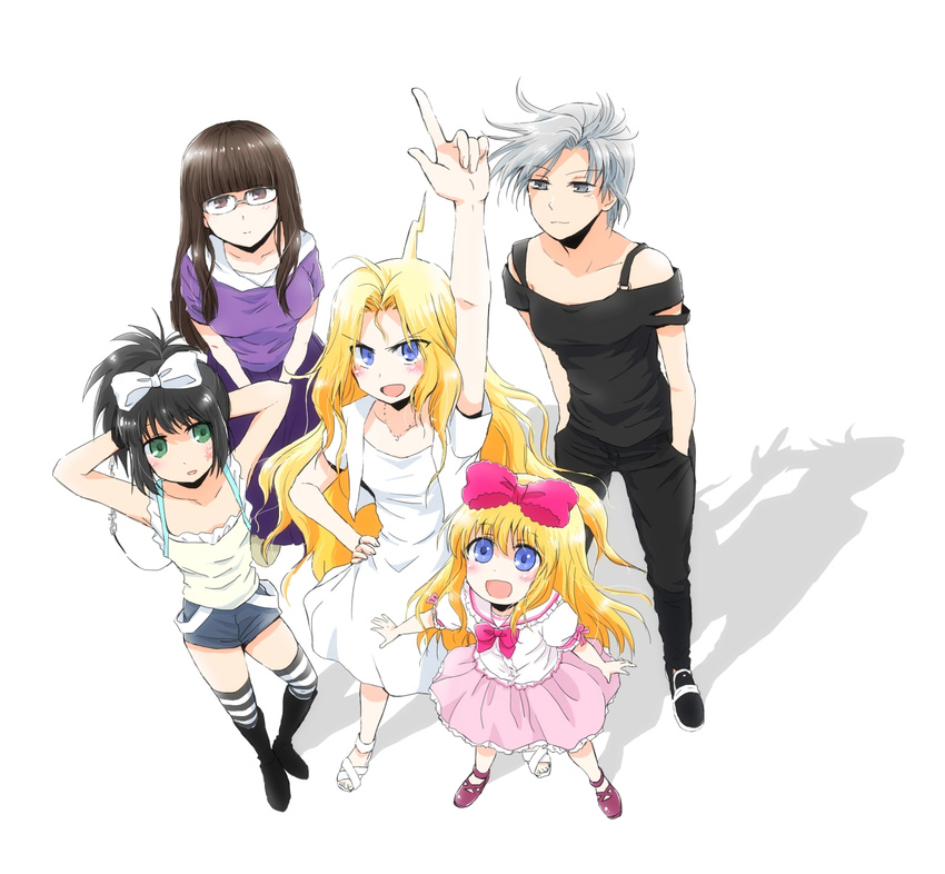 :d ahoge amae_koromo arm_up arms_behind_head black_hair black_legwear blonde_hair blue_eyes blush boots bow bowtie brown_eyes brown_hair camisole casual commentary dress from_above glasses green_eyes grey_eyes hair_bow hand_on_hip hands_in_pockets highres inoue_jun kunihiro_hajime long_hair looking_at_viewer mary_janes multiple_girls nashi_(starfish0115) off_shoulder open_mouth pants pink_dress pointing ponytail purple_dress ryuumonbuchi_touka saki sandals sawamura_tomoki shadow shirt shoes short_hair short_shorts shorts silver_hair skirt smile standing striped striped_legwear t-shirt thighhighs v-shaped_eyebrows white_background white_dress
