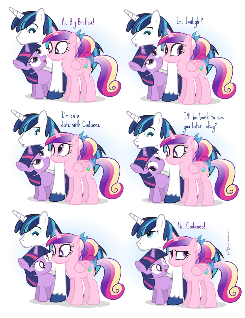 blue_hair bow comic cub cutie_mark dm29 english_text equine female feral friendship_is_magic frown fur hair horn horse humor long_hair male mammal multi-colored_hair my_little_pony open_mouth pink_fur pony princess_cadance_(mlp) purple_eyes purple_fur purple_hair shining_armor_(mlp) smile text tongue twilight_sparkle_(mlp) unicorn white_fur winged_unicorn wings young