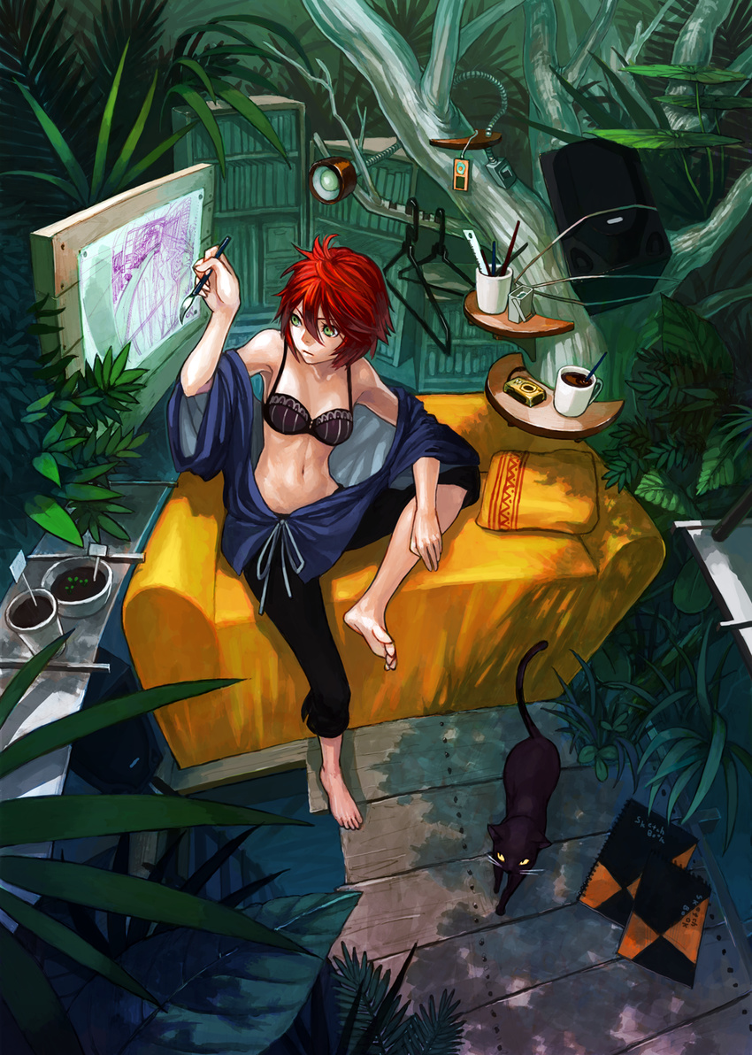 ainezu artist_painter barefoot bikini_top capri_pants cat couch cup feet green_eyes highres mug nature navel open_clothes original paintbrush pants plant red_hair revision short_hair sitting solo tree