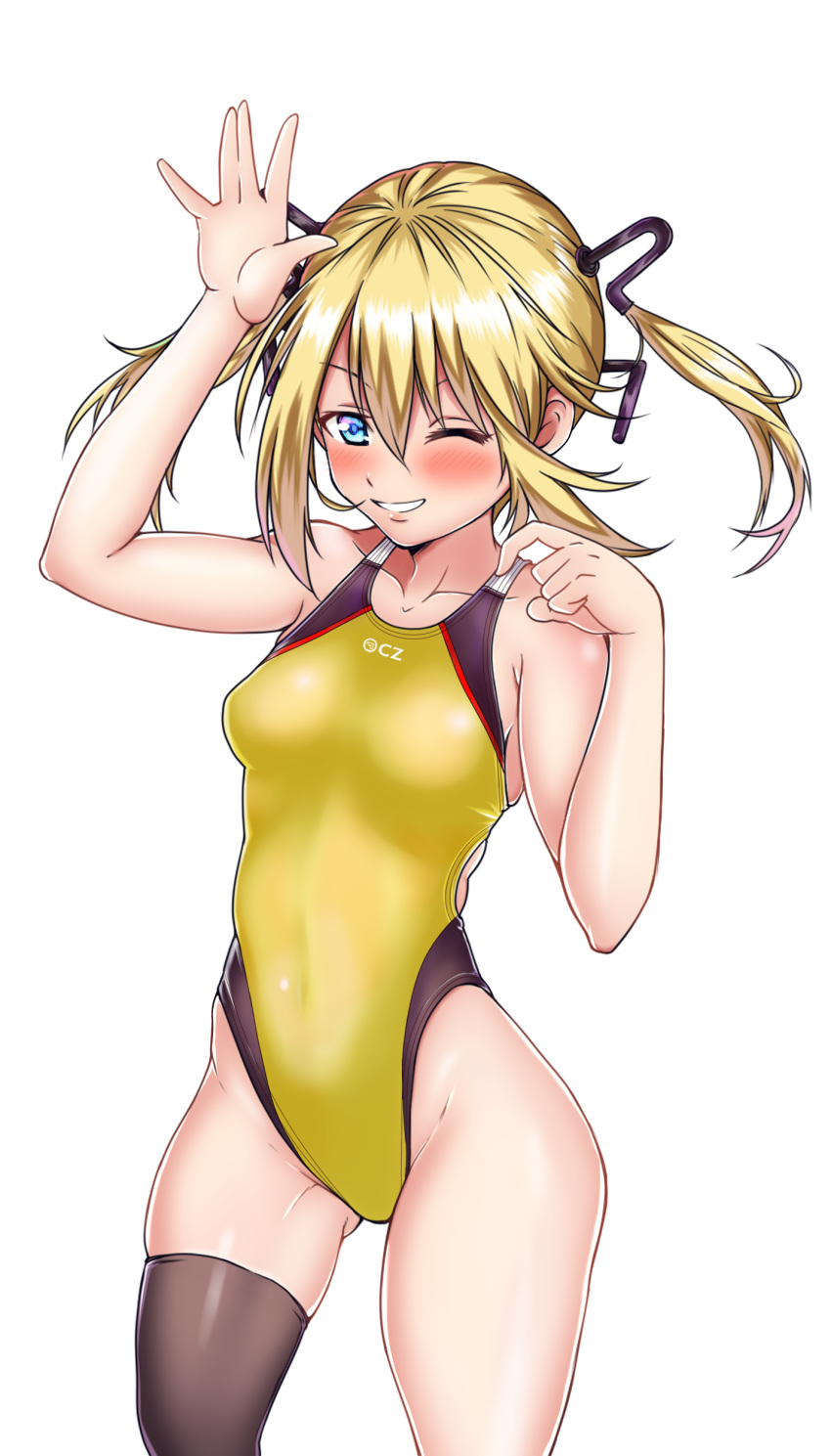 1girl absurdres aiuchi black_legwear blonde_hair blue_eyes character_request collarbone competition_swimsuit cowboy_shot girls_frontline highleg highleg_swimsuit highres long_hair looking_at_viewer one-piece_swimsuit parted_lips simple_background single_thighhigh solo swimsuit thighhighs twintails white_background yellow_swimsuit