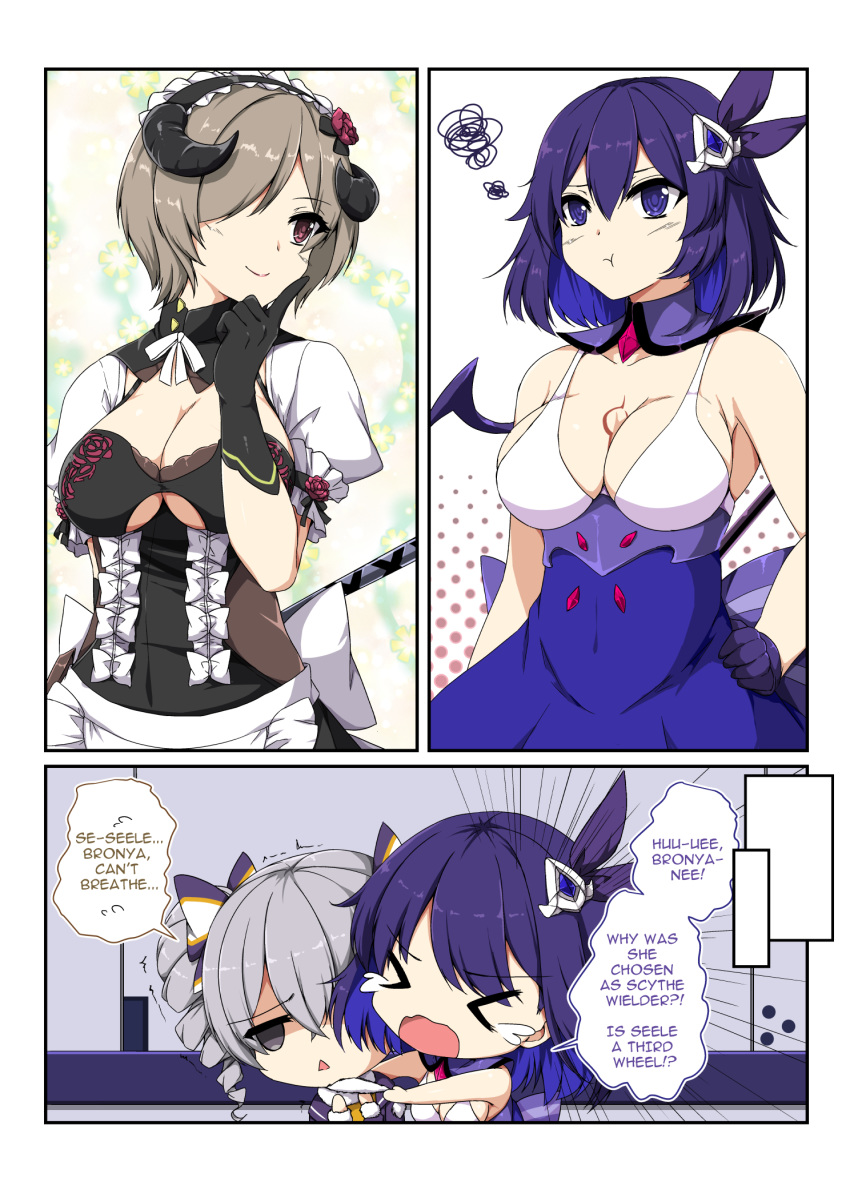 &gt;_&lt; 3girls :&lt; :t apron armband bangs bare_arms bare_shoulders benghuai_xueyuan black_dress black_gloves black_hairband blue_dress bow breasts bronya_zaychik brown_hair chest_tattoo chibi cleavage clip_studio_paint closed_mouth collarbone comic covered_navel crossed_bangs crying detached_collar dress drill_hair emphasis_lines english_text eyebrows_visible_through_hair finger_to_cheek floral_background flower gem gloves grey_eyes grey_hair hair_between_eyes hair_bow hair_flower hair_ornament hair_over_one_eye hair_ribbon hairband halftone hand_on_hip head_tilt highres honkai_(series) honkai_impact_3 horns jealous jitome lolita_hairband looking_away maid maid_apron medium_breasts medium_hair multiple_girls neck_ribbon open_mouth pout puffy_short_sleeves puffy_sleeves purple_eyes purple_gloves purple_hair purple_ribbon red_eyes red_flower red_rose ribbon rita_rossweisse rose scarf seele_vollerei sheita shiny shiny_hair short_hair short_sleeves sleeveless sleeveless_dress smile squiggle standing tattoo trembling triangle_mouth twin_drills twintails underbust wavy_mouth white_apron white_ribbon white_scarf