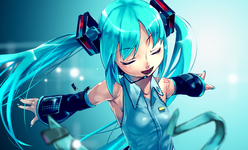 aqua_hair closed_eyes detached_sleeves hatsune_miku headset long_hair maitake_(loose) music necktie open_mouth outstretched_arms revision singing solo spread_arms twintails very_long_hair vocaloid