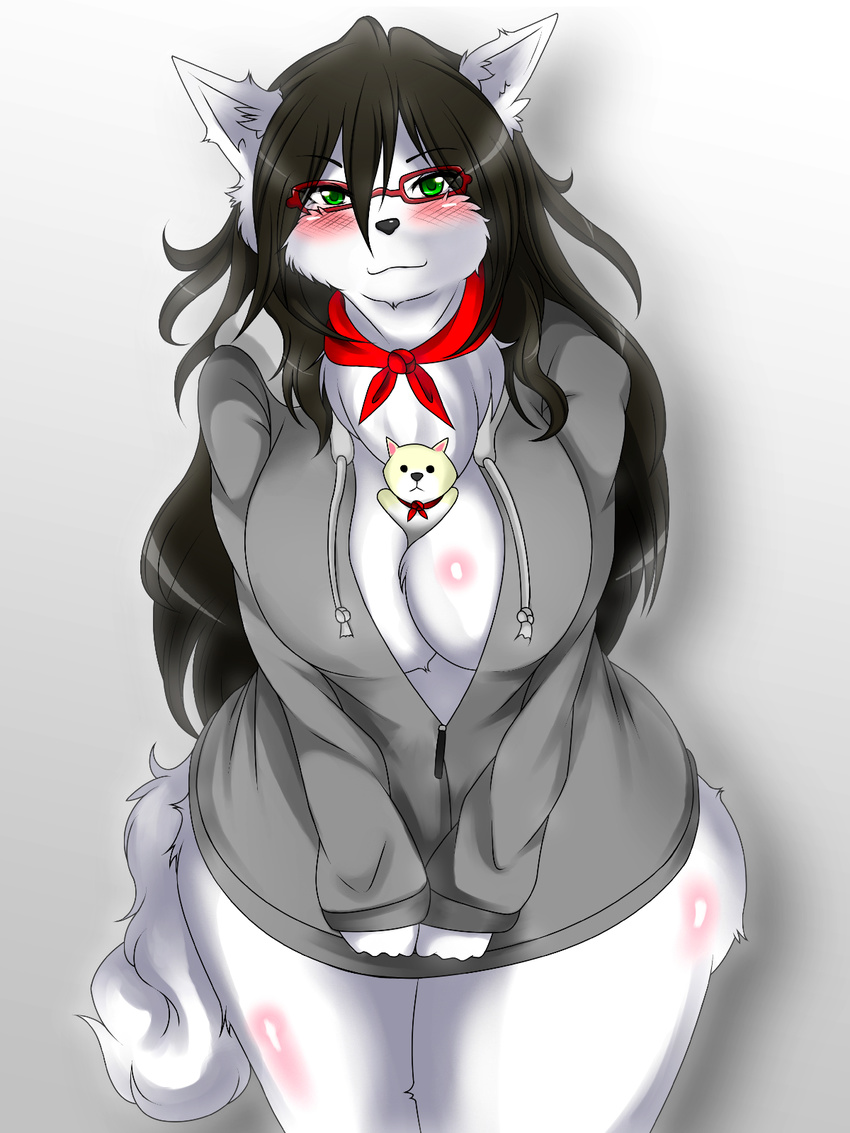 black_hair black_nose blush breasts canine chest_tuft chubby clothing dog eyelashes eyewear female fur glasses hair long_hair looking_at_viewer mammal plain_background scarf smile solo standing tuft white_background wide_hips yus-ts
