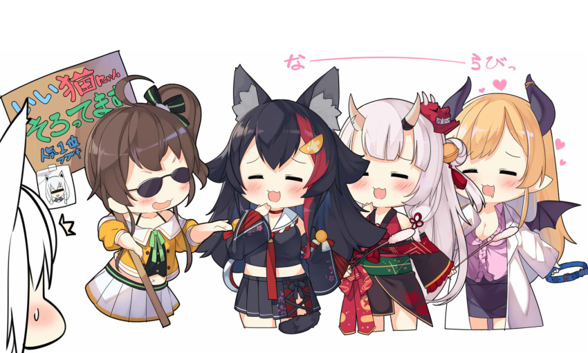 /\/\/\ 5girls :3 :d =_= animal_ear_fluff animal_ears bat_wings bell black_hair black_kimono black_shirt black_skirt black_wings blonde_hair blush brown_hair character_request chibi cowboy_shot cropped_legs demon_girl demon_horns demon_wings detached_sleeves drooling eyes_closed hair_bell hair_bun hair_ornament hand_to_own_mouth hand_up holding holding_collar holding_sign hololive horns japanese_clothes kimono kokka_han labcoat long_hair mask mask_on_head midriff multicolored_hair multiple_girls nakiri_ayame natsuiro_matsuri navel off-shoulder_shirt off_shoulder oni oni_horns oni_mask ookami_mio open_mouth out_of_frame pencil_skirt pink_shirt pleated_skirt puffy_short_sleeves puffy_sleeves purple_skirt red_hair shirakami_fubuki shirt short_kimono short_sleeves side_bun sign silver_hair skirt smile streaked_hair sunglasses sweat tail translation_request very_long_hair virtual_youtuber white_background white_hair white_skirt wide_sleeves wings yellow_shirt yuzuki_choco