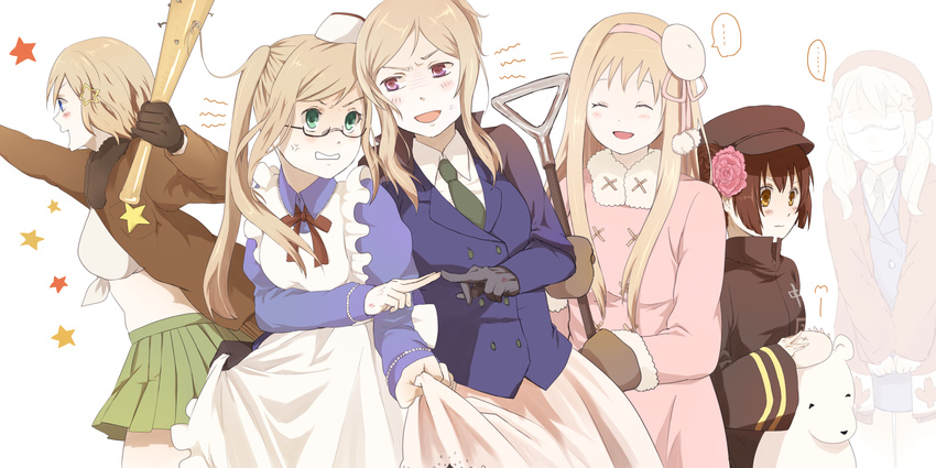 6+girls america_(hetalia) anger_vein annoyed apron axis_powers_hetalia bangs baseball_bat bear blazer blonde_hair blue_eyes blush bow breasts brown_hair buttons canada_(hetalia) china_(hetalia) closed_eyes coat collared_shirt flower food france_(hetalia) genderswap genderswap_(mtf) glasses gloves green_eyes green_skirt hair_bun hair_flower hair_ornament hairband hairclip hat highres holding jacket kumajirou_(hetalia) large_breasts leaf long_hair looking_at_another maple_leaf multiple_girls nail nail_bat necktie open_mouth pocket polar_bear purple_eyes ribbon russia_(hetalia) shirt short_hair shovel sidelocks skirt smile speech_bubble star star_hair_ornament sumaki_(syukura) teeth transparent twintails united_kingdom_(hetalia)