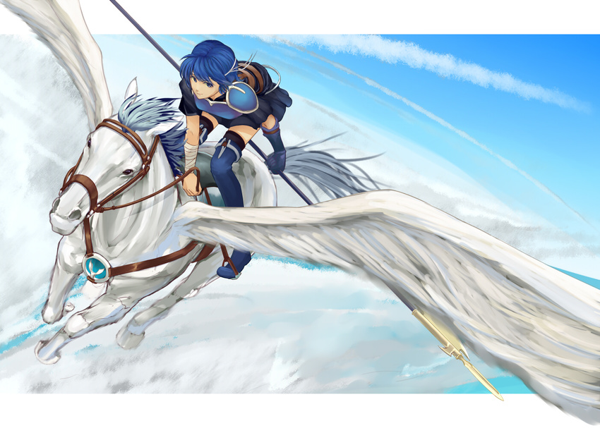 armor bandaged_arm bandages blue_eyes blue_hair boots breastplate bridle farina_(fire_emblem) fire_emblem fire_emblem:_rekka_no_ken gloves headband nonji_(sayglo_halo) pegasus pegasus_knight polearm reins saddle short_hair solo spear stirrups thigh_boots thighhighs weapon zettai_ryouiki