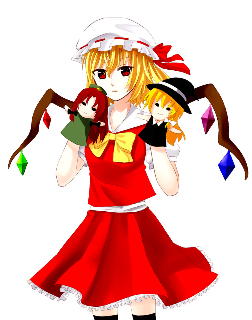 blonde_hair braid character_doll expressionless flandre_scarlet hand_puppet hat hat_ribbon highres hong_meiling kirisame_marisa looking_at_viewer milk_(bird-joa) mob_cap puffy_short_sleeves puffy_sleeves puppet red_eyes red_hair ribbon short_hair short_sleeves side_ponytail simple_background single_braid skirt skirt_set slit_pupils solo thighhighs touhou twin_braids white_background witch_hat zettai_ryouiki