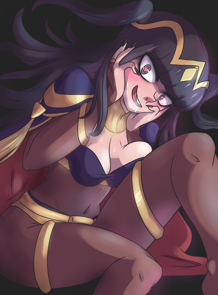 1girl black_hair blood blue_eyes blush bodysuit breasts cape cheeralism eyeliner fire_emblem fire_emblem:_kakusei hands_on_own_face heart heart-shaped_pupils highres jewelry long_hair lots_of_jewelry makeup nintendo nosebleed sarja shoulder_pads solo symbol-shaped_pupils tharja tiara two_side_up yandere
