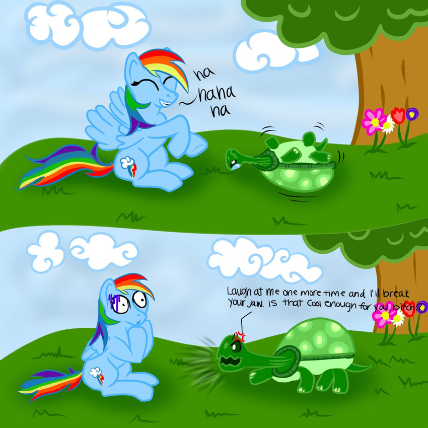 comic dialog english_pony equine eye_contact feral friendship_is_magic horse humor lying mammal misskiwi my_little_pony on_back pegasus pony rainbow_dash_(mlp) sitting tank_(mlp) text tortoise what wings