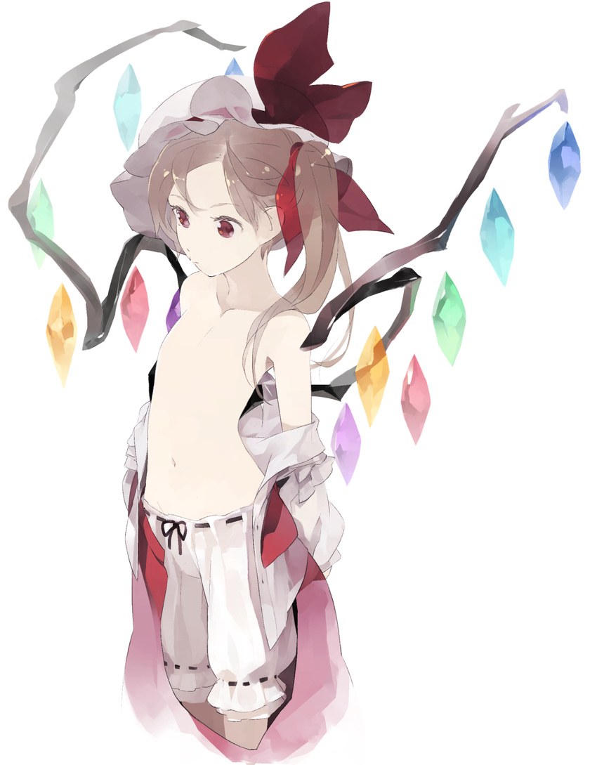 bloomers flandre_scarlet flat_chest hair_ribbon hat highres long_hair navel no_nipples off_shoulder open_clothes red_eyes revision ribbon shihou_(g-o-s) simple_background solo topless touhou underwear wings