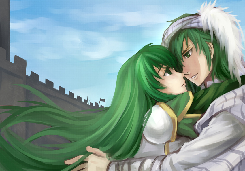 1girl armor couple fire_emblem fire_emblem:_seisen_no_keifu fury_(fire_emblem) green_eyes green_hair hetero highres hug levin_(fire_emblem) long_hair scarf serge_komiko smile